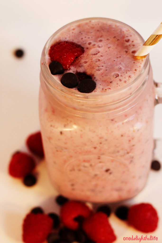 It's dessert in a glass and well, it has fruit so it's healthy right? Of course! Top this Raspberry Chocolate Vanilla smoothie with extra milk chocolate chips. It's our secret!