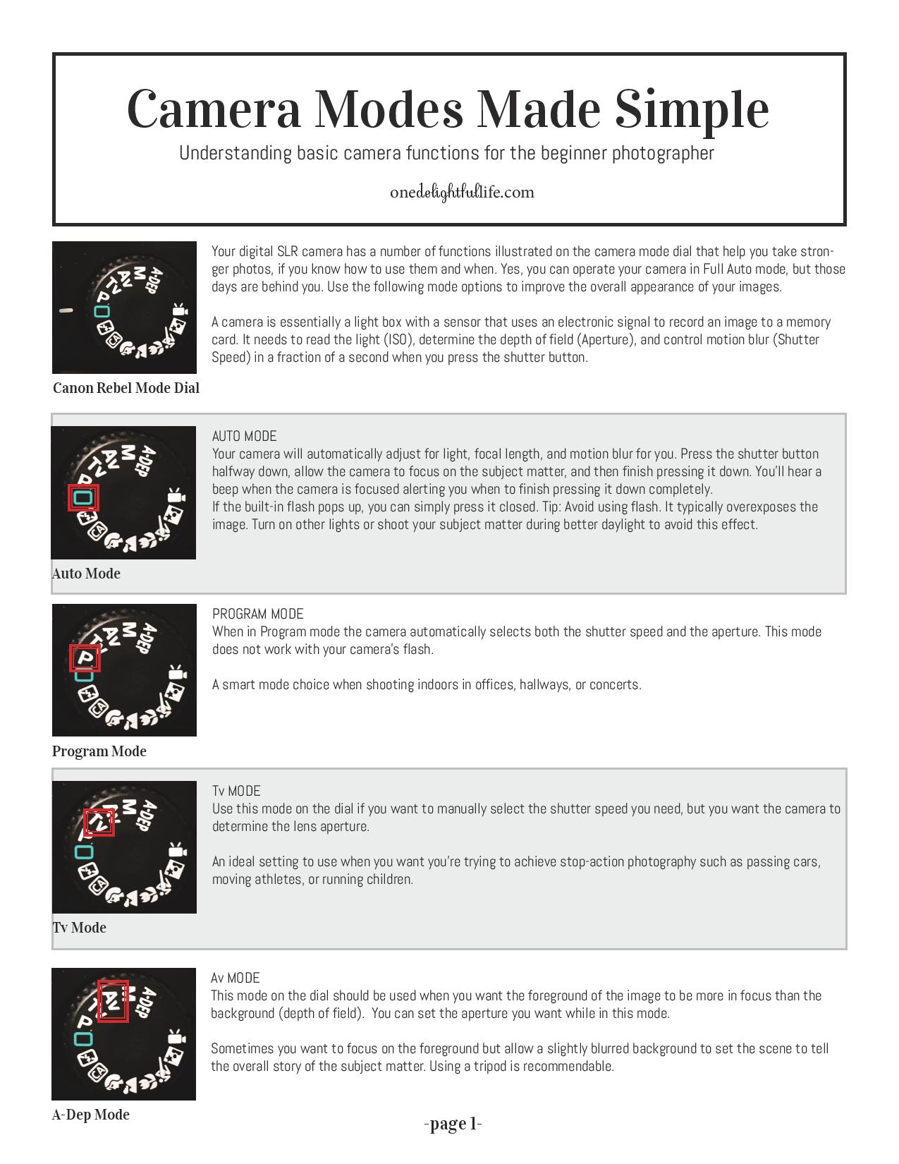 FREE Download Camera Modes Made Simple One Delightful Life
