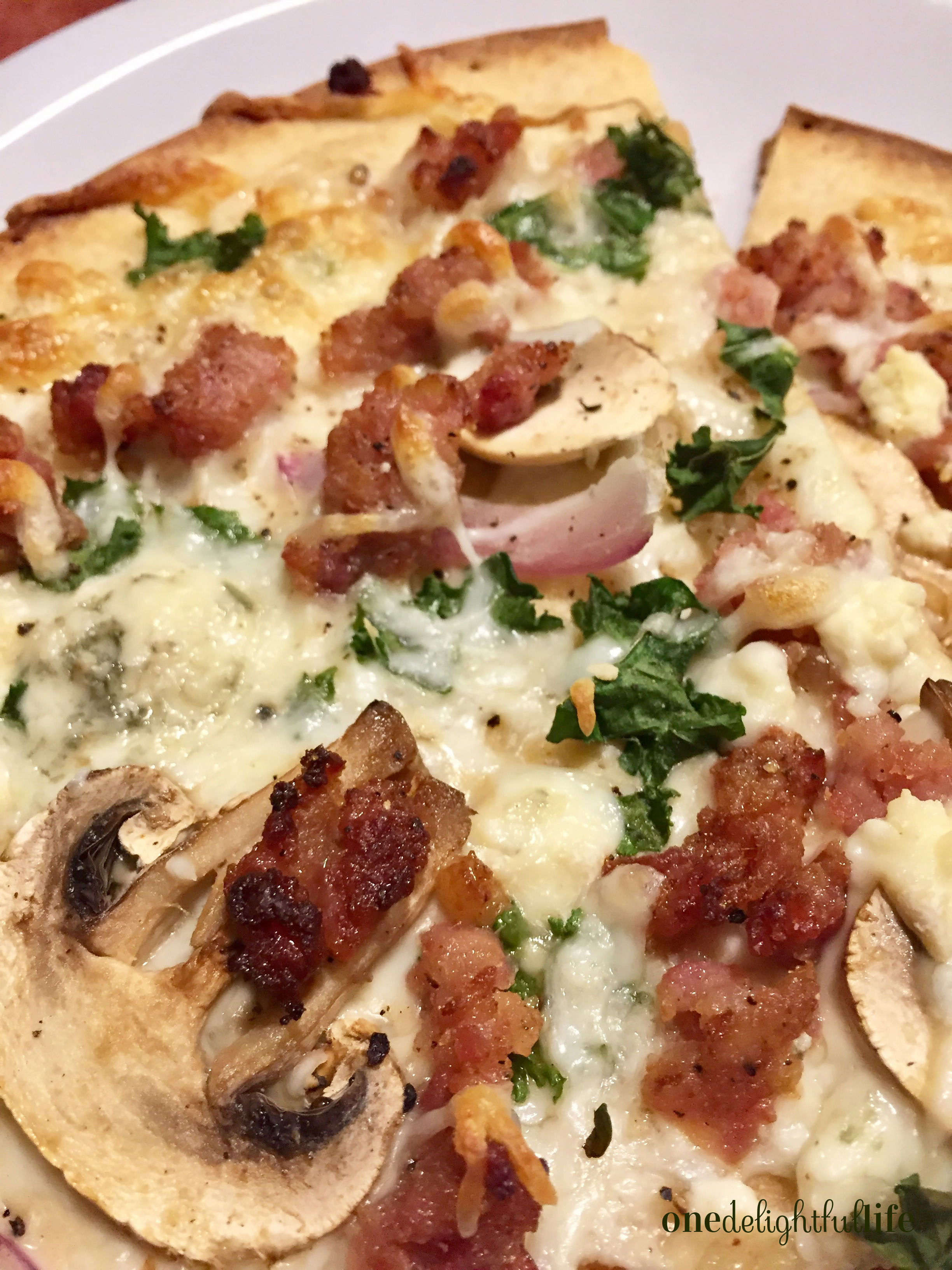 Thin Crust Alfredo Pizza with Bacon and Kale - One Delightful Life