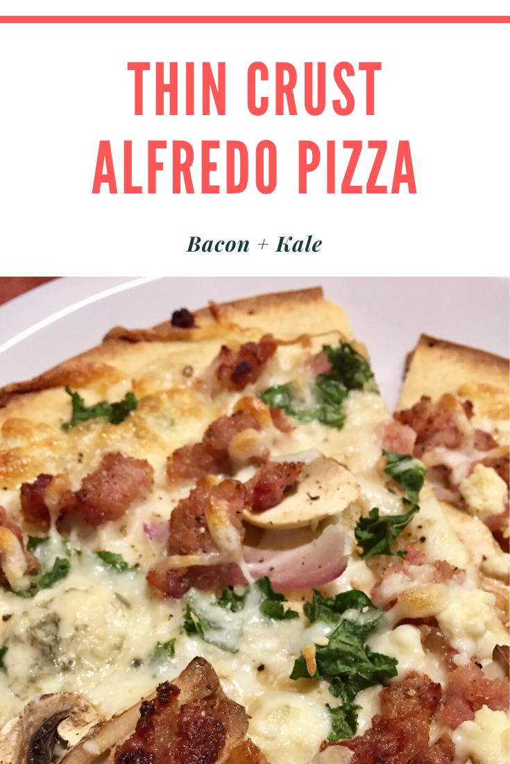 Thin Crust Alfredo Pizza with Bacon and Kale One Delightful Life