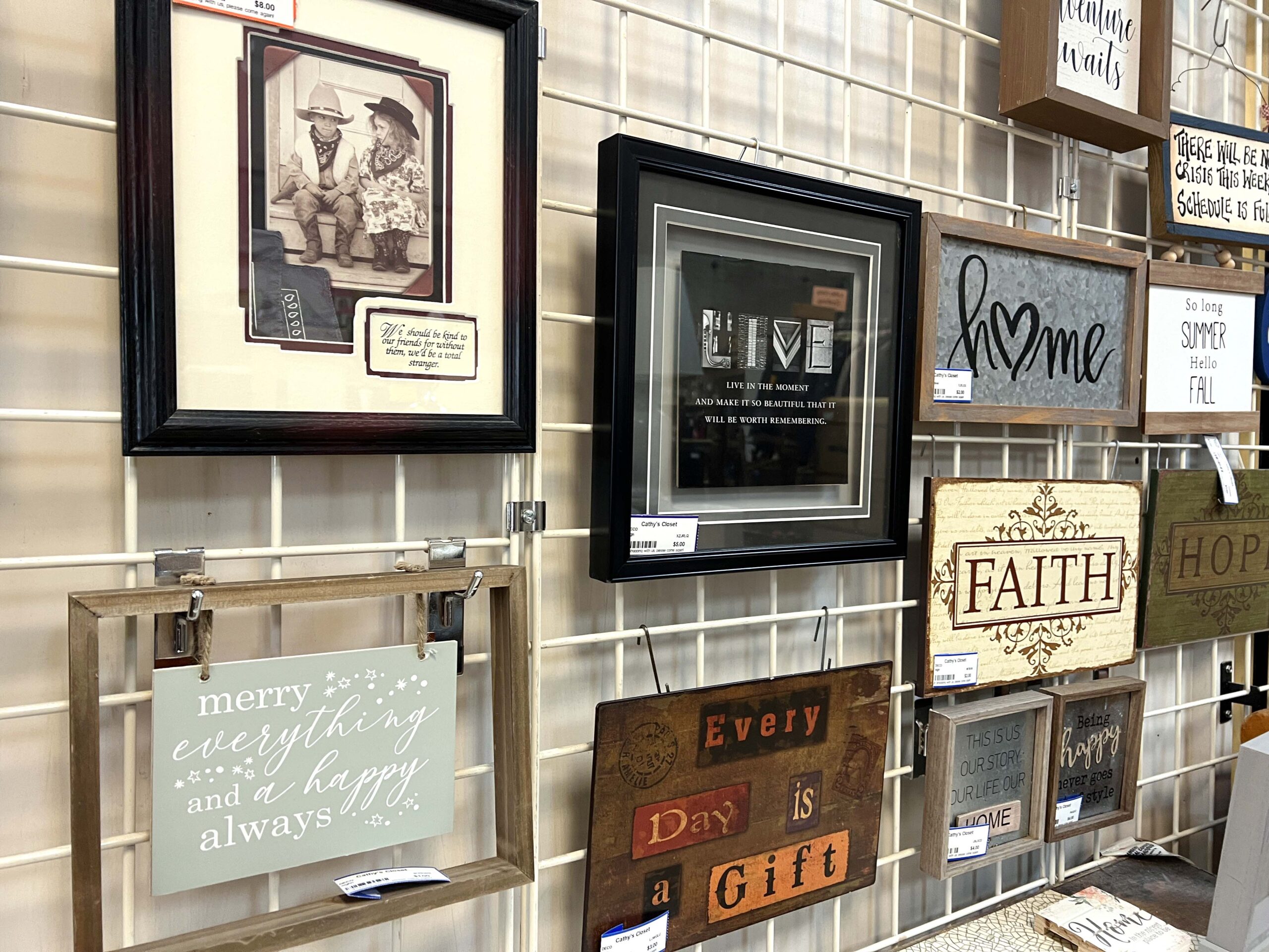 Cathy's Closet is a consignment shop with knick-knacks and clothing. 