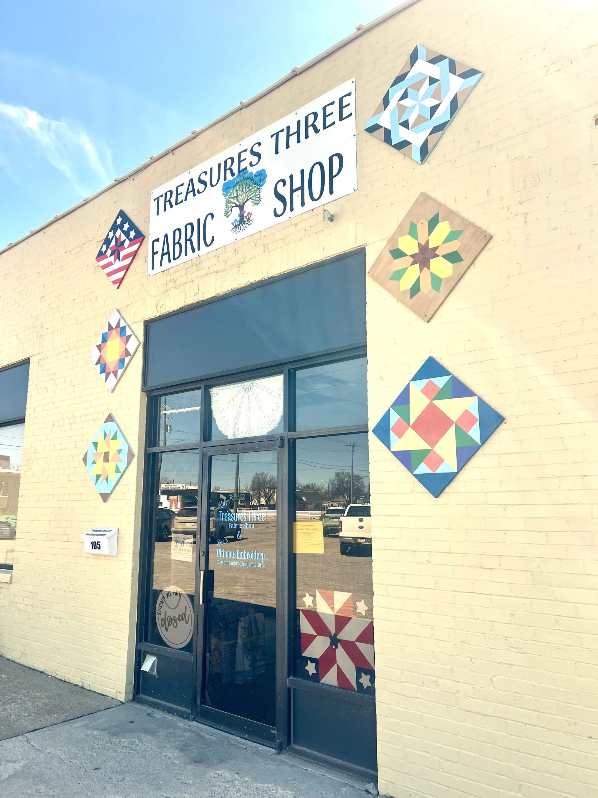 Treasure Three Fabric carries quilting supplies and an array of fabric patterns. 