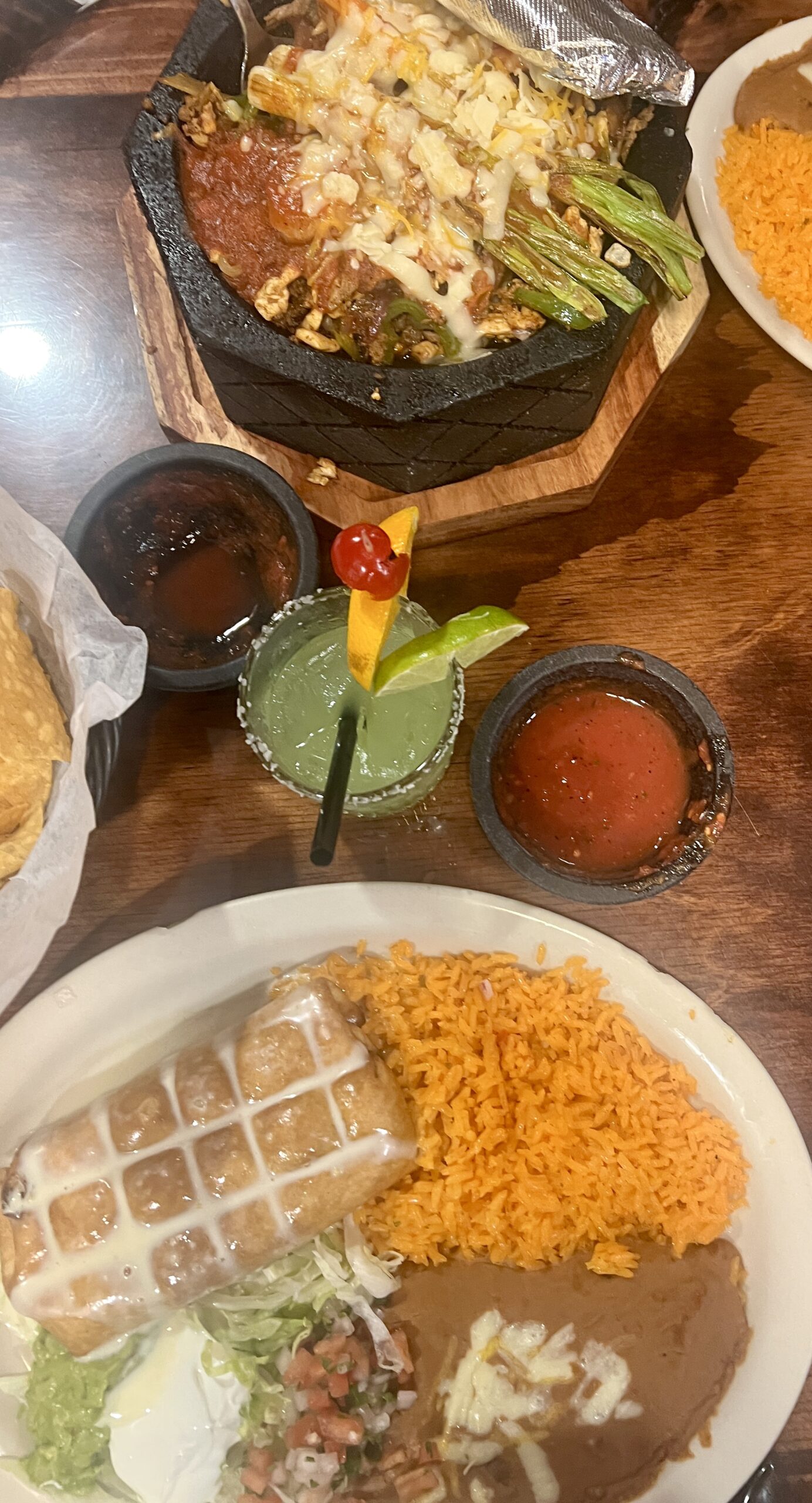 We loved the molcajete (think fajitas served in a hot lava rock) and the beef chimichanga.