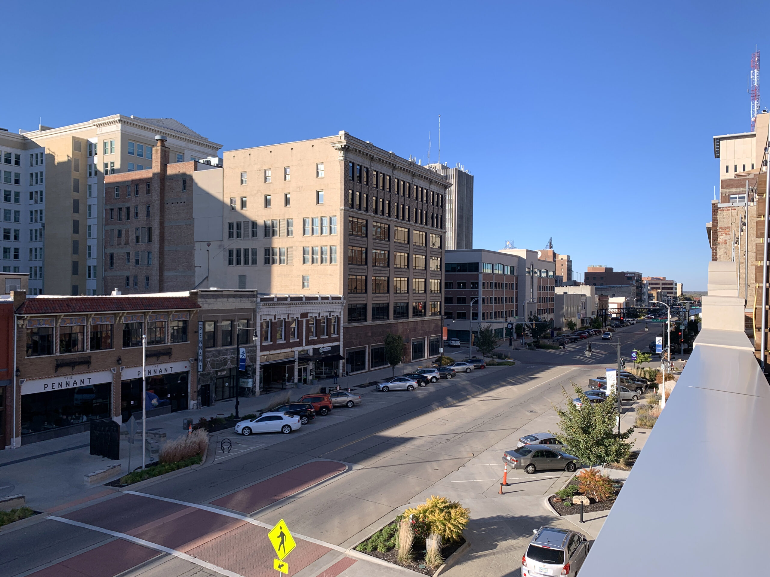 The view of downtown Topeka from the Cyrus Hotel's outdoor lounge. The state capital is located within walking distance.