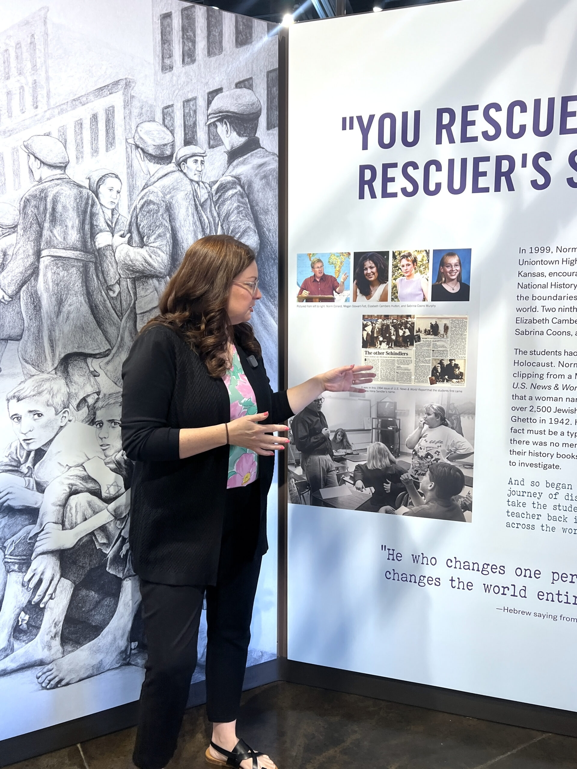 One of the women who uncovered the story of the unsung heroine Irena Sendler talks to a group about her project.