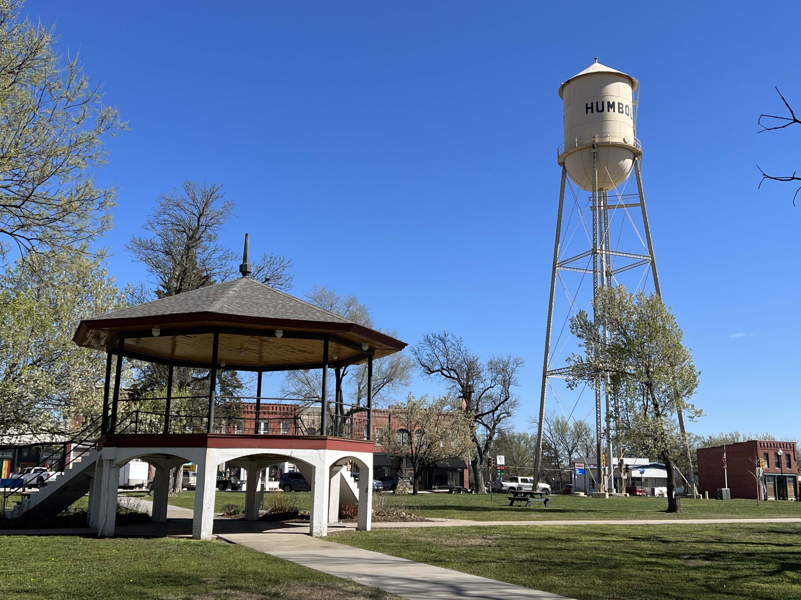 Humboldt, Kansas town center featuring a historic gazebo and water tower.