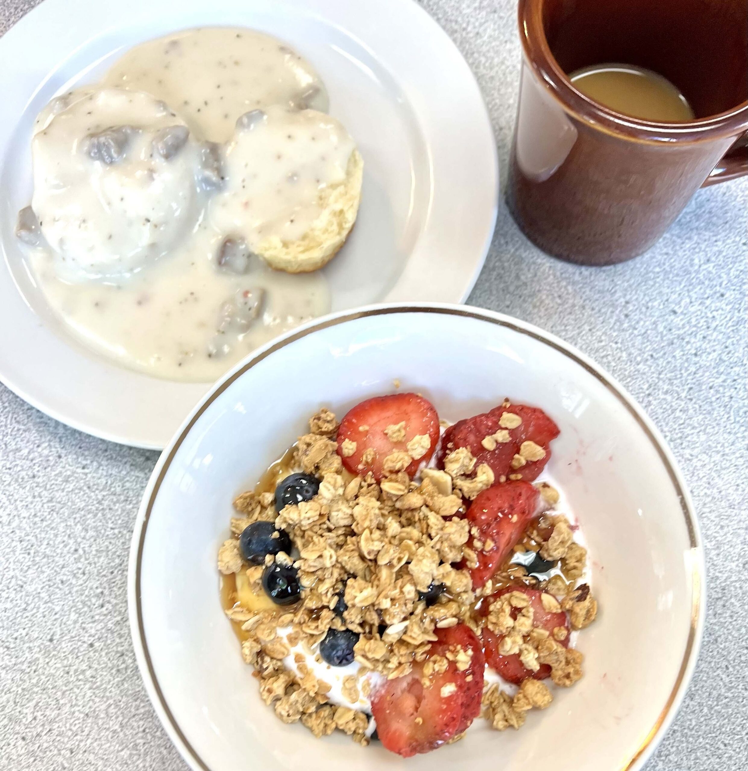 Yogurt with Granola and Biscuits with Gravy at Oak Street Cafe