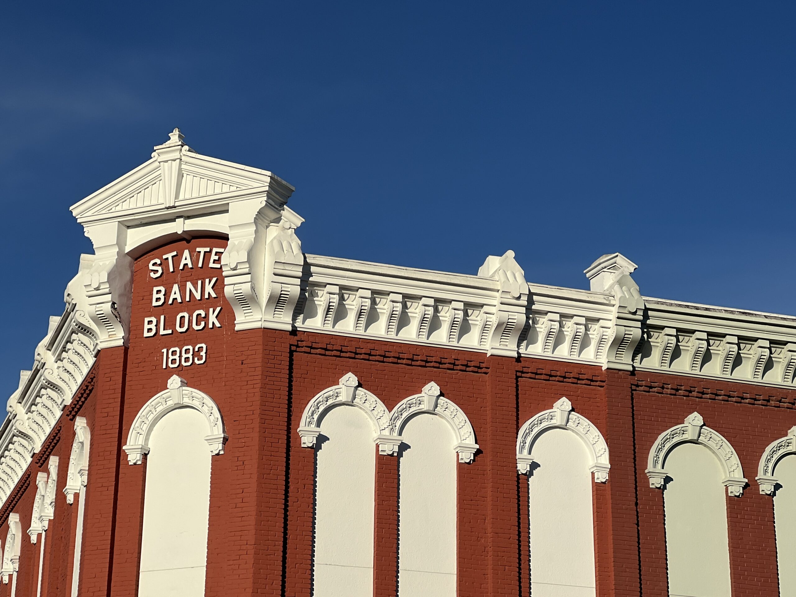 State Bank Block building in downtown Red Cloud, Nebraska is located next to the National Will Cather Center. 