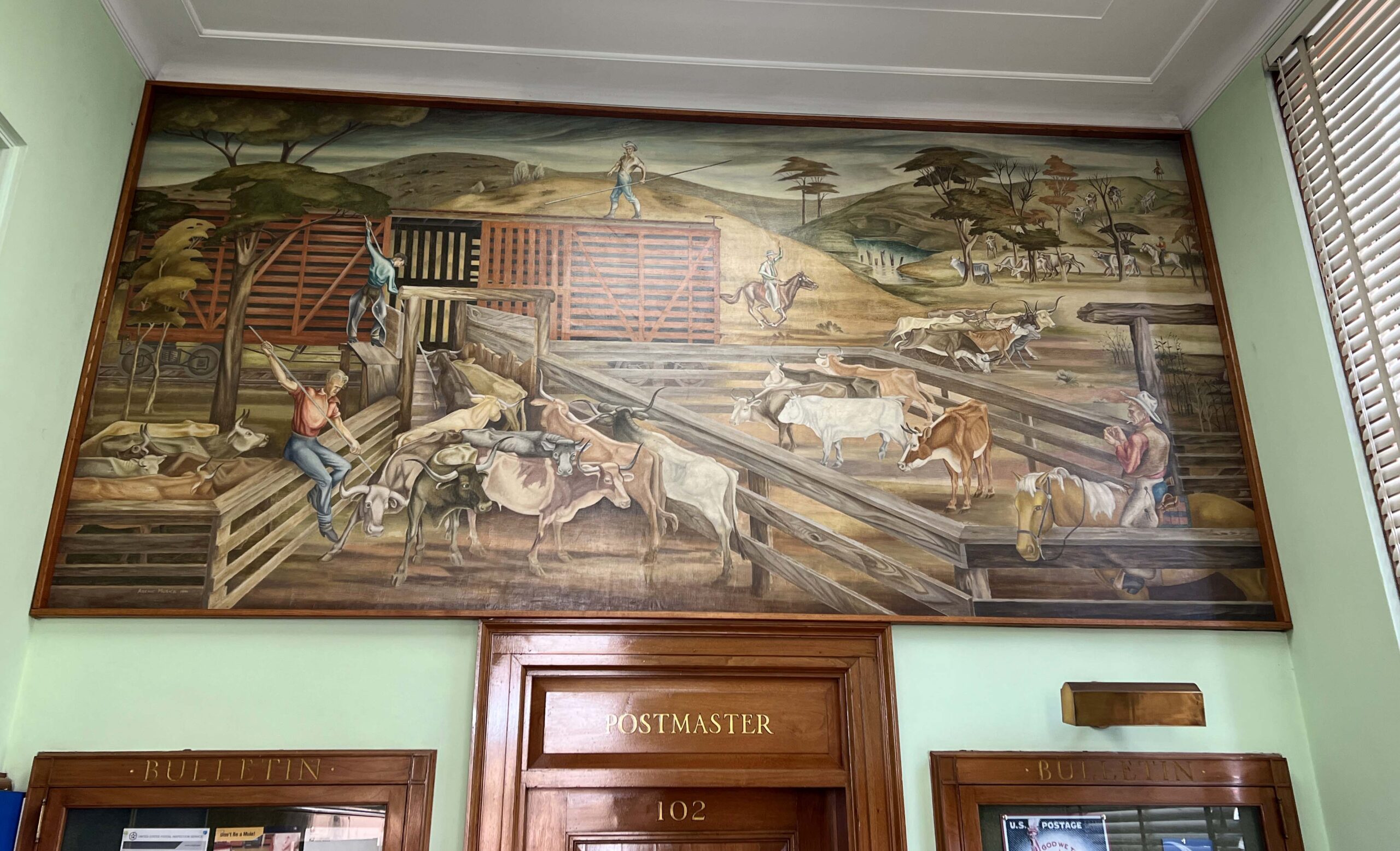 WPA Mural in Red Cloud Post Office by artist Archie Musick, "Loading Cattle," was added in 1941.