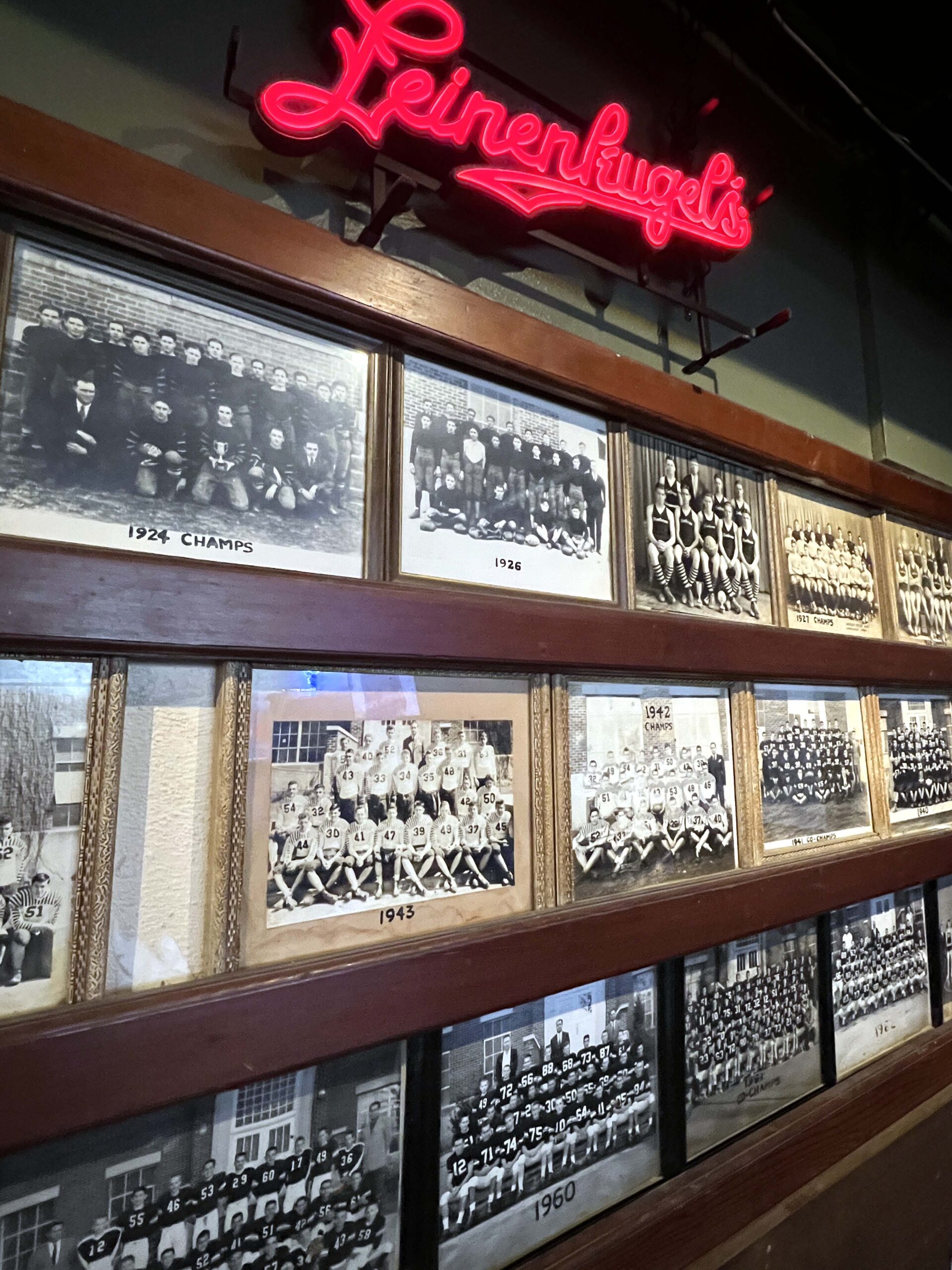 The community's sports history is celebrated in photographs on nearly every wall of the sports bar.