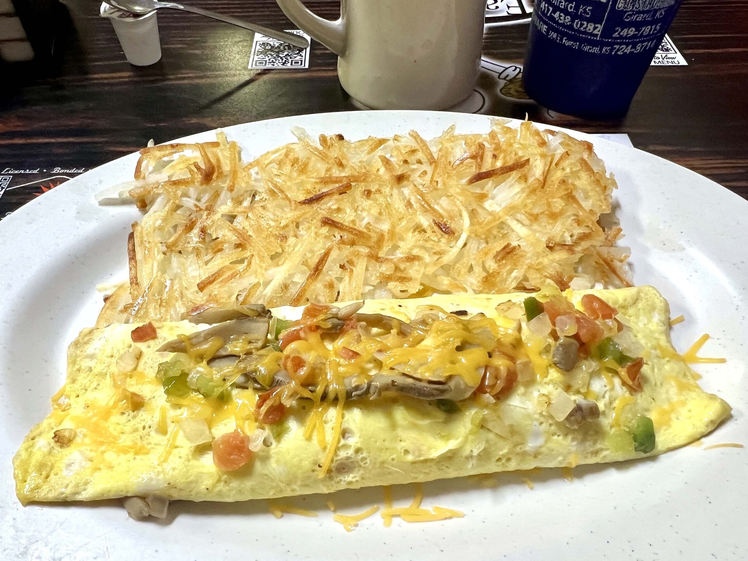 Omelets are prepared to order and come with perfectly cooked hashbrowns.