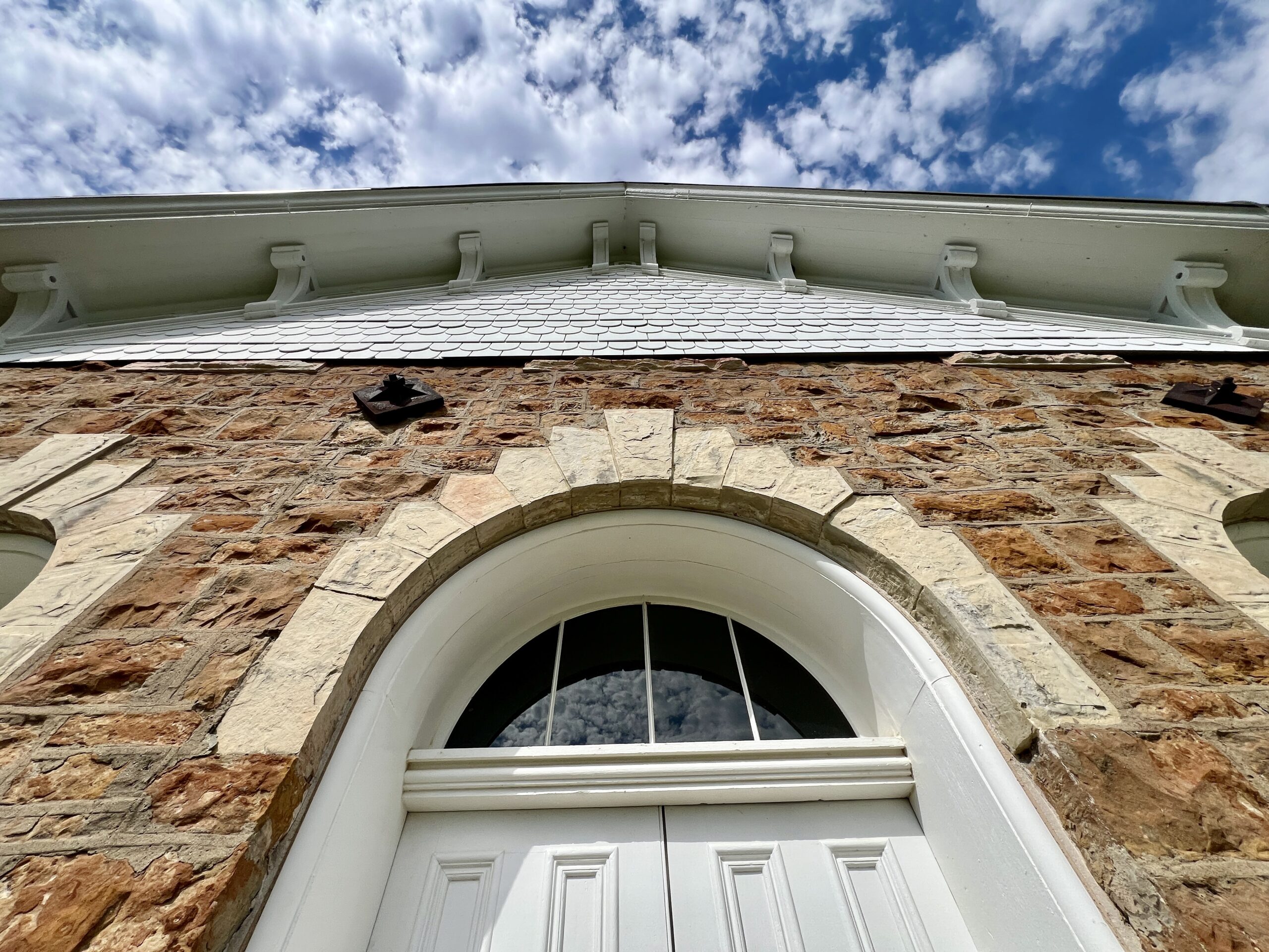 Looking up, one can admire the craftsmanship of Arvonia School House in Lebo, Kansas.