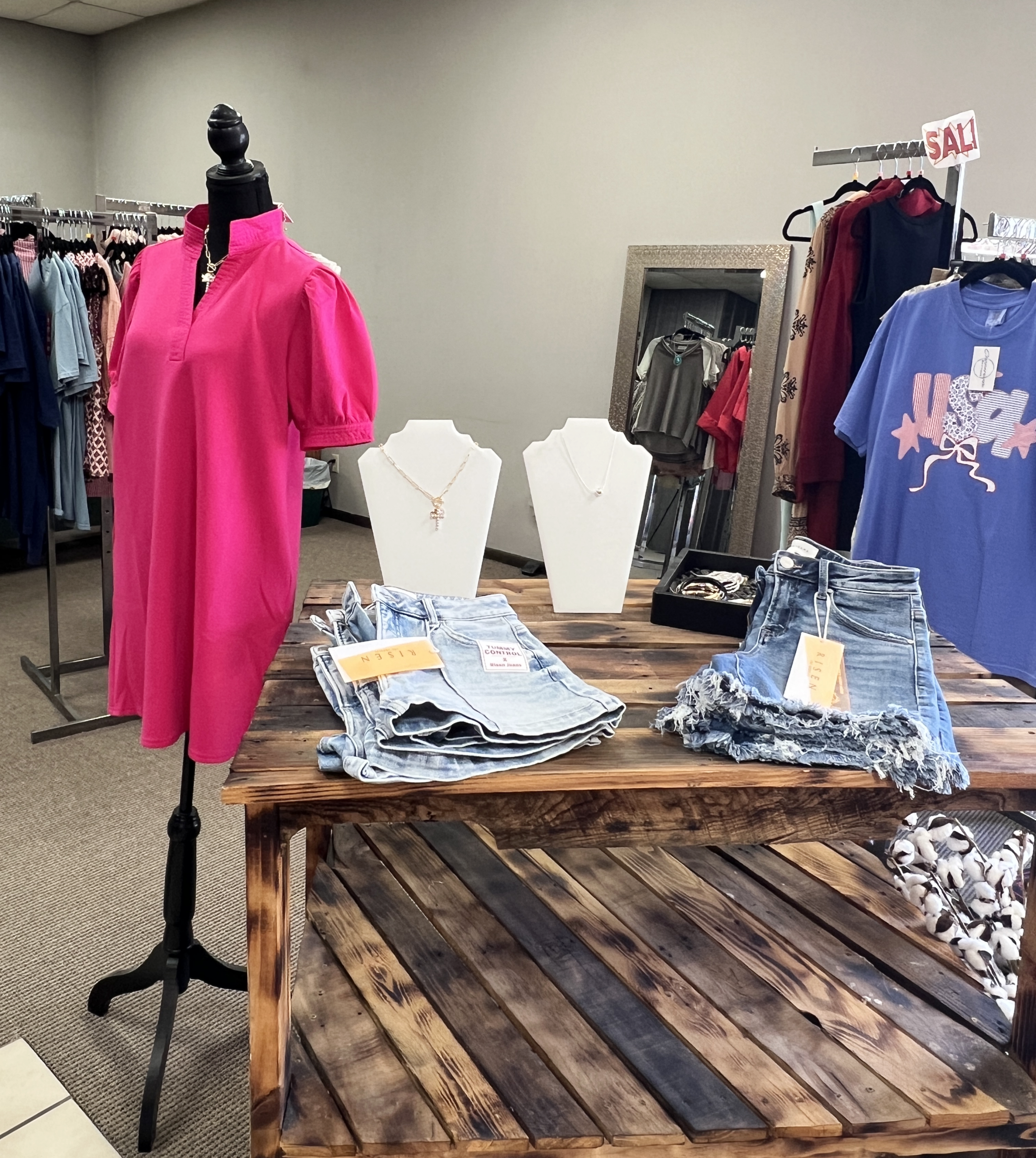 Croosroots Boutique carries sizes ranging from small to 3X and stocks brands such as Risen Denim and Corky's Wedges and Sandals.