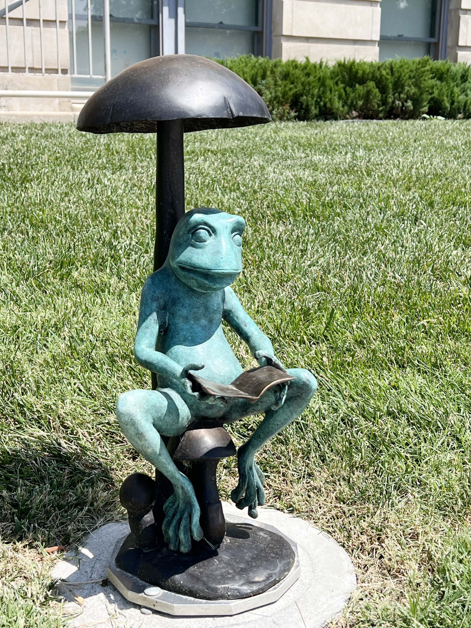 Don't miss the tucked-away sculptures, like the whimsical frog and a child reading a book, that catch my attention at the Wellington Public Library.
