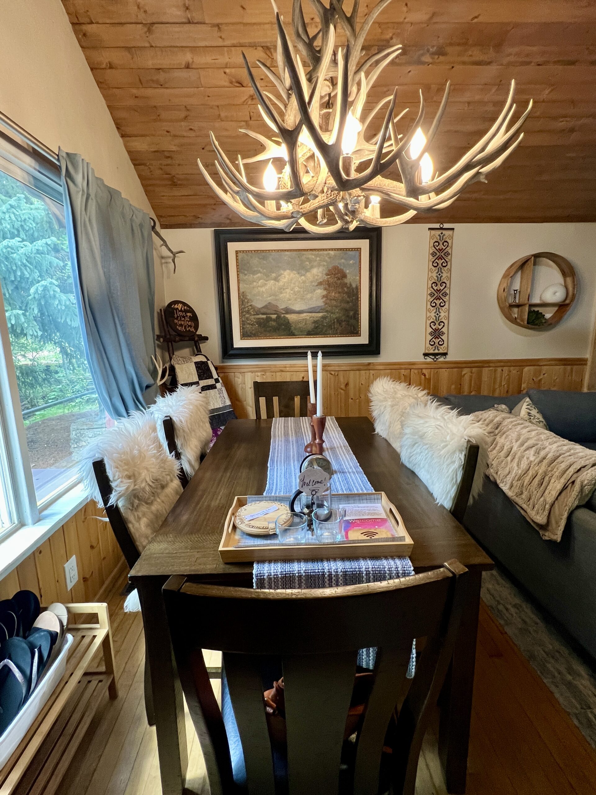 We wanted a woodland getaway that would accommodate our golden retriever and offer us on-site amenities that we craved, like a hot tub, fire pit, and dry sauna.