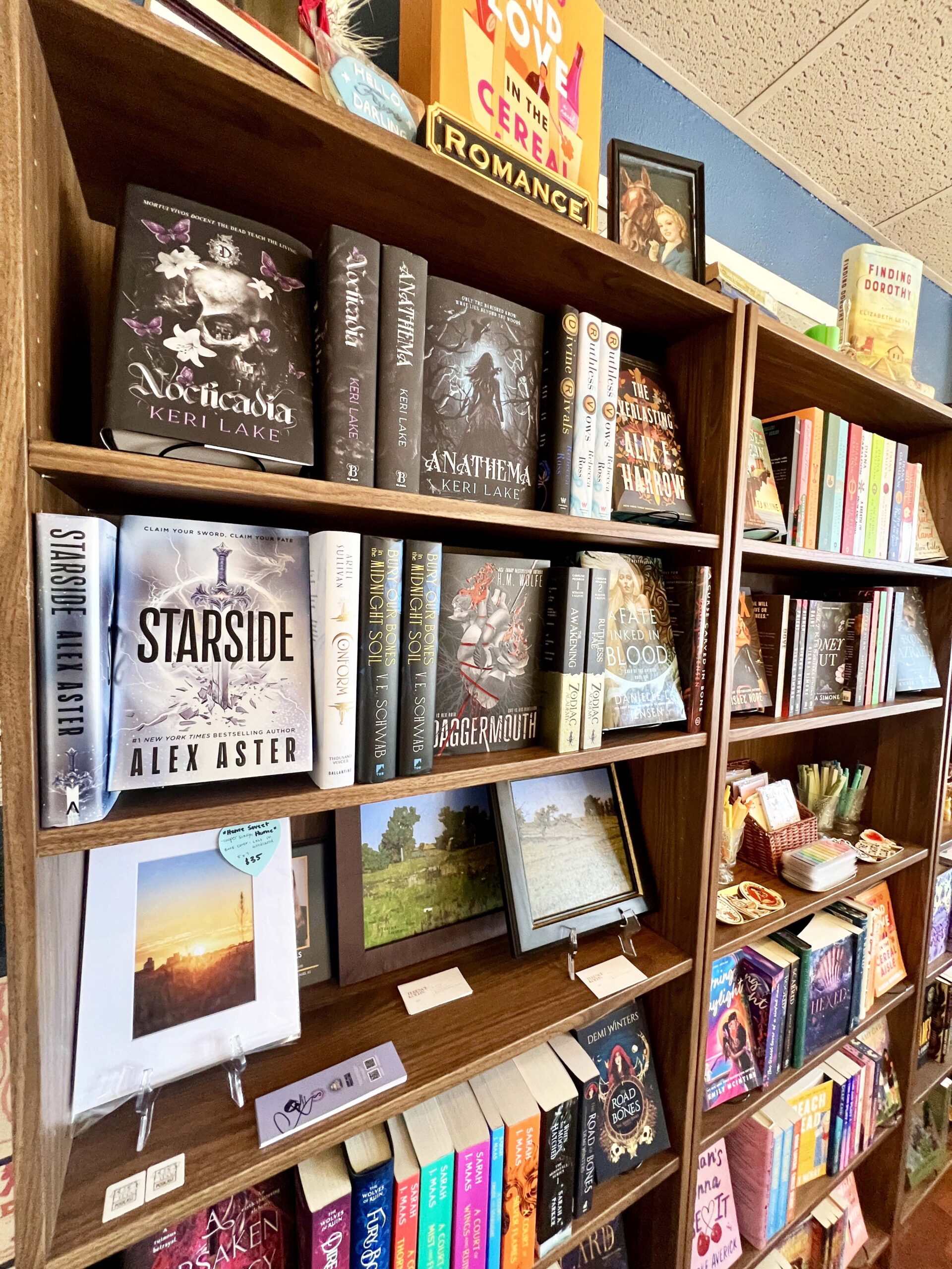 Bookshelves house new titles at Saddle & Swoon Book Company in Goodland, Kansas.