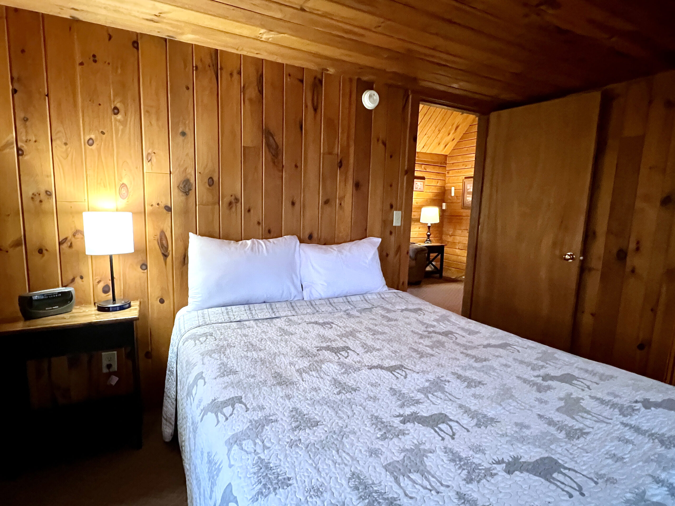 A queen bed and dresser drawers are features of the main floor bedroom in Cabin 1.