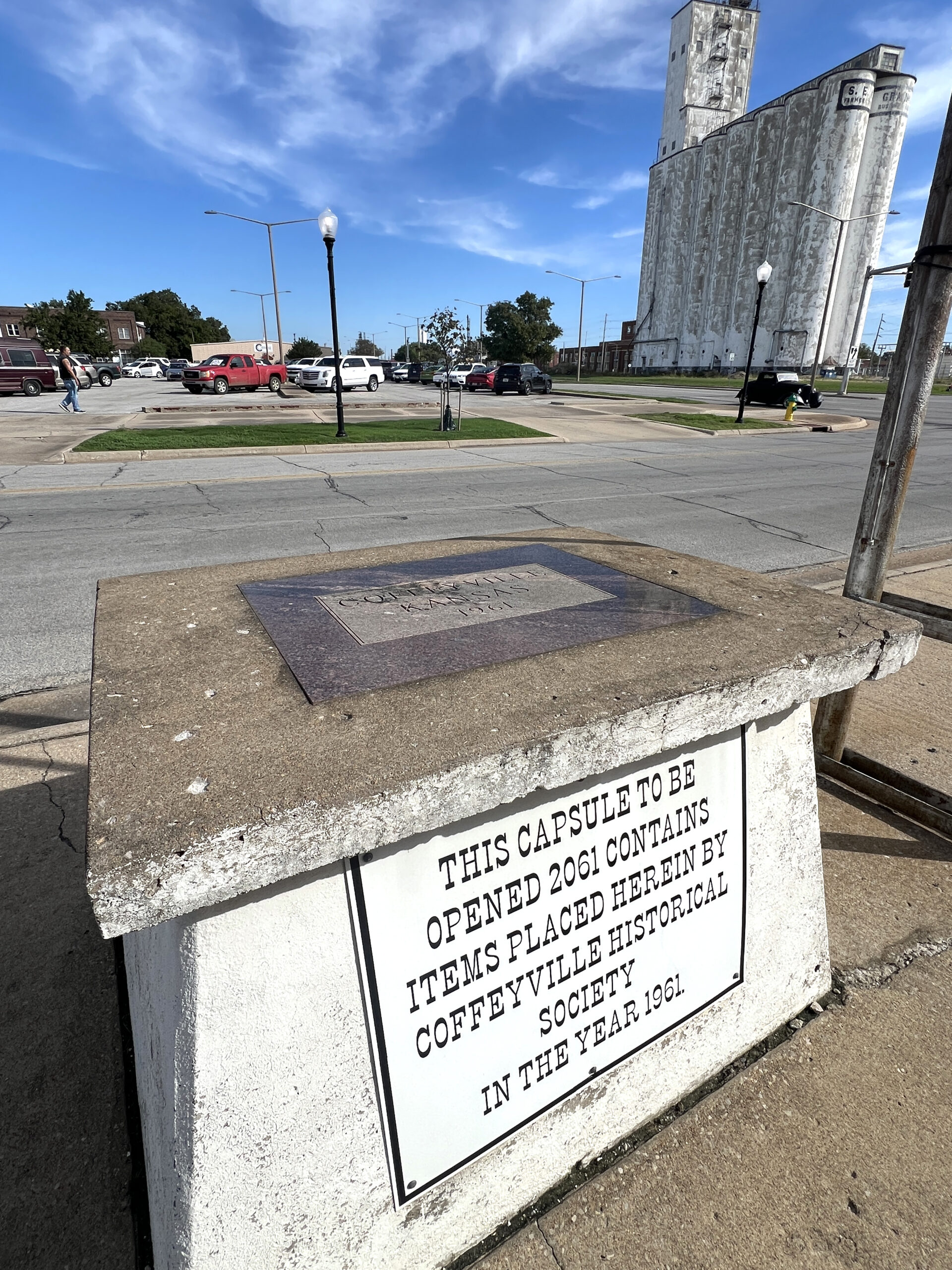 A time capsule is situated in downtown Coffeyville, a short walk from the Chamber of Commerce office. 